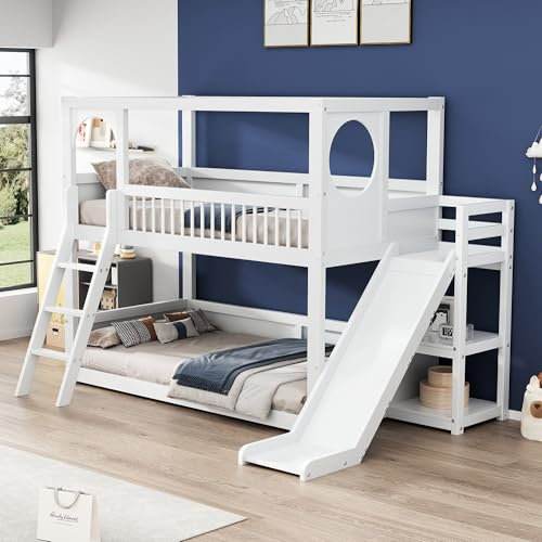 Moimhear Kinder-Etagenbett, Doppelbett, 90x200cm, multifunktionales Kinderbett, mit Regalen, mit Rutsche, ohne Matratze, weiß