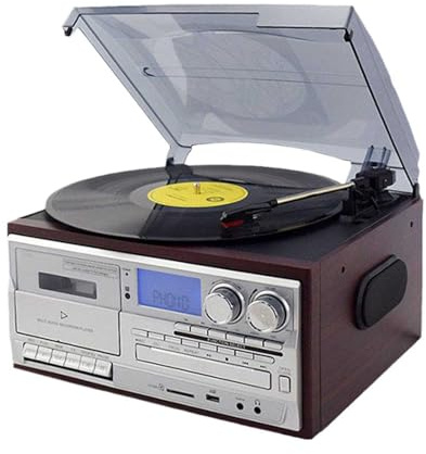 Reproductor de discos de vinilo con altavoces integrados, tocadiscos retro Bluetooth con reproductor de CD/cassette, menos ruido, cubierta antipolvo esmerilada