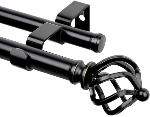 KAMANINA Double Curtain Rods 66 to 120 Inches (5.5-10 Feet), 7/8 Inch Telescoping Metal Curtain Rod for Windows 54 to 115 Inches, Black Decorative Curtain Rods with Twisted Cage Finials