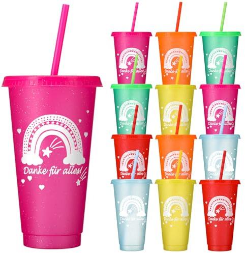 Yaryang 12 Trinkbecher mit Strohhalm & Deckel Danke für Alles Tassen Weihnachten Partybecher 24 oz Wiederverwendbare Plastikbecher Dankeschön Geschenke für Weihnachten Hochzeit Geburtstag Party
