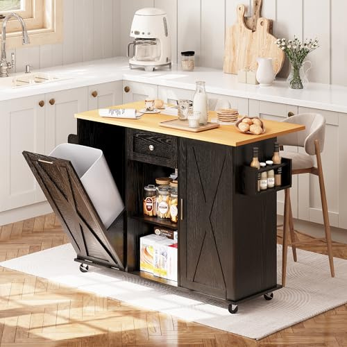 Rolling Kitchen Island with Drop Leaf & Trash Can Storage, Kitchen Island on Wheels with Spice Rack & Towel Rack, Mobile Island Table