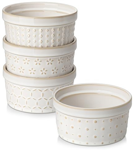 MALACASA Ramekins 8 Oz Oven Safe, Ceramic Creme Brulee Souffle Dishes, Pudding Custard Cups Ramekin For Baking, Small Dipping Sauce Bowls, Set of 4, Microwave and Dishwasher Safe, Arctic White