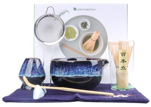 Matcha Set - Macha Tea Kit con 7 pezzi, ciotola con beccuccio, accessori in ceramica e frusta matcha in bambù - Kit Matcha per gli amanti del matcha (Blu Nero)