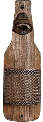 HiyyFloy Abridor De Botellas De Cerveza De Madera con Recogedor De Tapas, Abridor De Botellas Vintage De Madera para Montar En Pared, Sacacorchos Sin Rastro, Accesorios para Bar En Casa.