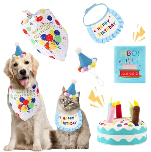 Hundegeburtstag Bandana Set Partydekoration Inkl. Hundebandana, Partyhut, Quietschspielzeug Kuchen & Schnüffelmatte Geschenk Für Alle Hundegrößen (Blau)