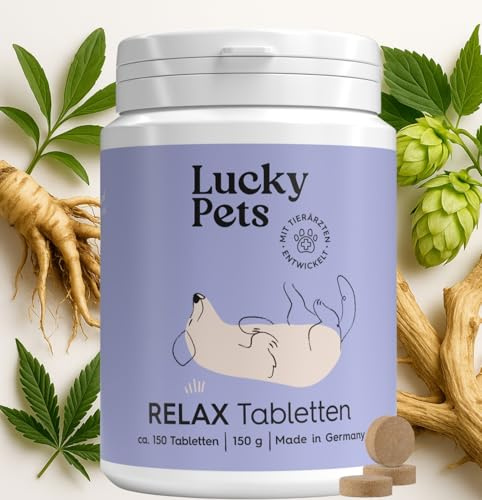Lucky Pets Beruhigungstabletten für Hunde 150 Stück – Mit L-Tryptophan, Baldrian und Hanfsaat – Für Stress, Angst, Silvester und Reisen – Beruhigungsmittel für Hunde – Made in Germany