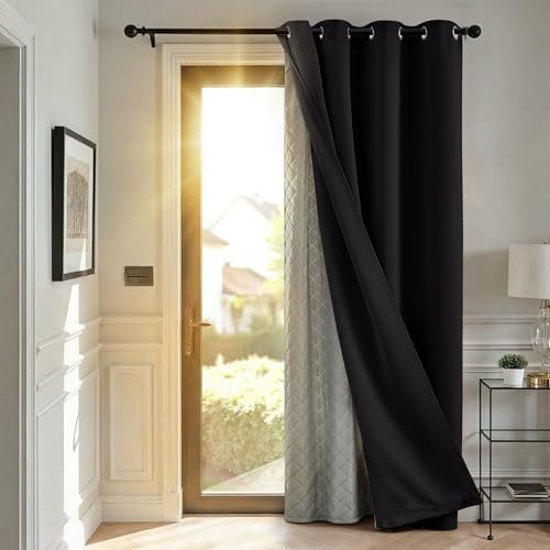 TOPICK Thermovorhang Kälteschutz doppelten Gardinen Ösen H214xB132 1 Stück | Gardinen Wohnzimmer Schwarz Türvorhang Verdunklungsvorhänge Schlafzimmer Vorhänge mit abnehmbare Schicht Curtain living room