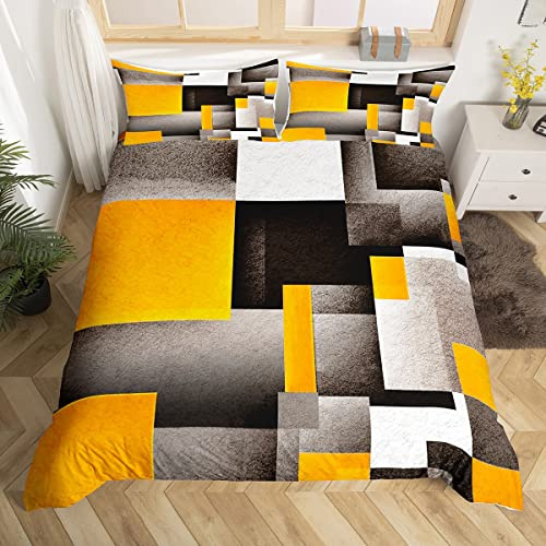 Loussiesd Jaune Gris Noir Housse de Couette 220x240cm Geometric Ensemble de literie pour Garçons Géométrie Parure de Lit Plaid Art Abstrait Moderne Literie Set Décor de Chambre