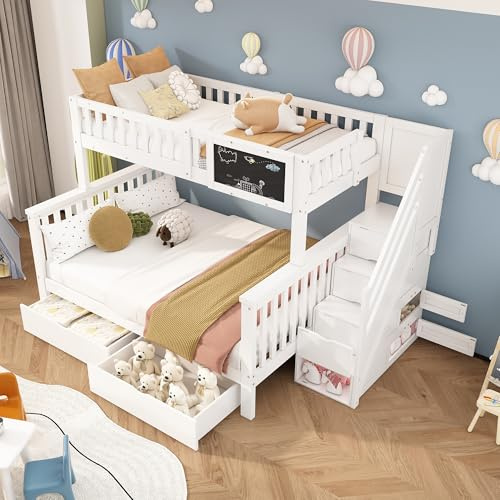 IHO SOFA Etagenbett Kinderbett 90x200 & 140x200 cm für 2-3 Kinder, Hochbett mit Treppe und 2 Stauraum Schubladen, Bett mit Rausfallschutz und Graffiti-Brett, Weiß + Eiche, Ohne Matratze