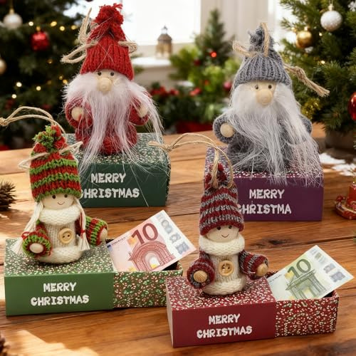4 Stück Wichtelbox Weihnachten, Geldgeschenke Geschenkschachtel Weihnachten mit Süßen Wichteln, Mini Geschenkboxen Wichtel mit Merry Christmas, Geschenk Box Verpackung für Geld Süßigkeiten Partys