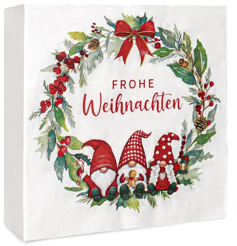 40 Stück Weihnachten Servietten als Tischdeko, 33x33cm Wichtel Weihnachtskranz Weihnachtsdeko Papierservietten Geschenk Deko für Winter Neujahr Party Dekoration