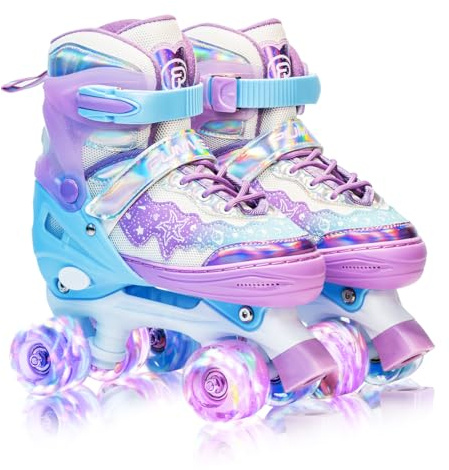 PUMVEX Kinder-Rollschuhe mit 4-stufiger Größenanpassung, 8 leuchtenden Rädern für Mädchen und Jungen, anfängerfreundliche Quad-Rollschuhe, ideales Weihnachts- und Geburtstagsgeschenk