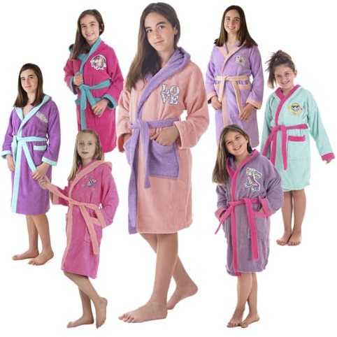 LEBENGOOD - Peignoir Fille Coton - 100% Coton OEKO-TEX® - 2 Poches, Ceinture, Capuche, peignoir en éponge douce avec broderies pour enfants (14 FlowLove)