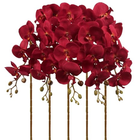 UUXX Burgundy Flowers Artificial Orchids 5PCS Fake Orchid 35.4 Faux Orchid Stems Burugndy Artificial Flowers for Bridal Shower Wedding Centerpieces Home Decor (Burgundy)