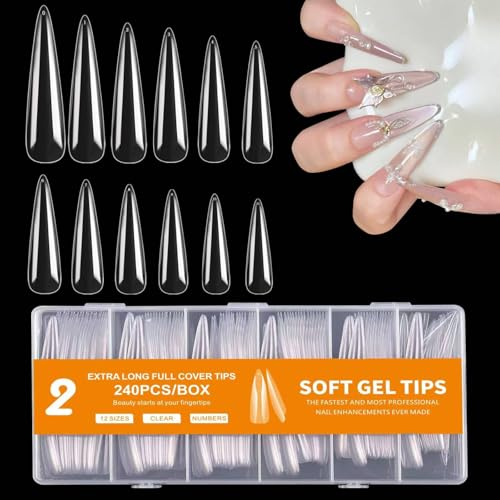 MtnLaur Extra Lange Stiletto-Nagelspitzen 240 Stück, 12 Größen Keine C-Kurve Klare Nagelspitzen, Full Cover Nail Tips Set, Künstliche Gel Nail Tips für Anfänger Professionelles Home Salon
