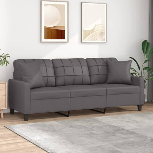 Frdhee Mini Sofa Für Jugendzimmer, 3-Sitzer-Sofa mit Zierkissen Grau 180 cm Kunstleder für Gäste und Alltag