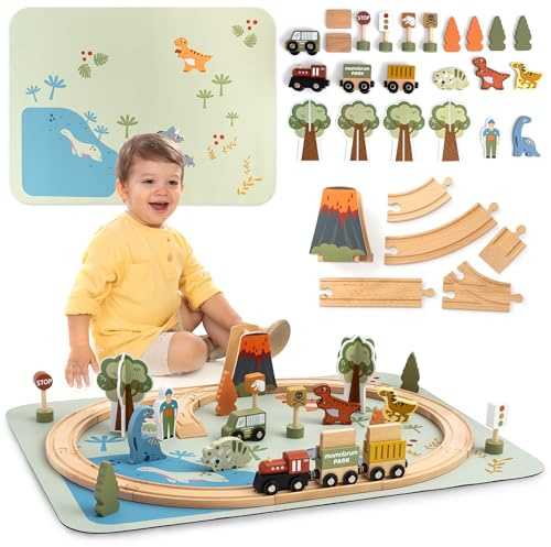 Mamabrum Trenino Legno Dino Park, Treno Giocattolo per Bambini, Pista Trenino Bambini 3 Anni con Tappeto Antiscivolo, Vulcano e Campanello, Gioco Educativo, Set Completo