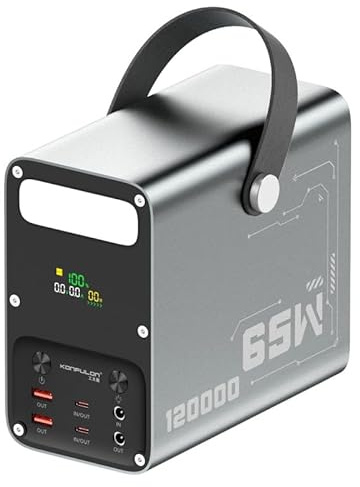 KONFULON Powerbank 120000mAh (mit LiFePO4 Akku) - 65W Schnellladefunktion, 5 Ausgänge (USB‑C & USB‑A & DC -12V, 3A), LED‑Display - Für Smartphone, Tablet, Laptop, Camping, Outdoor & Notfälle