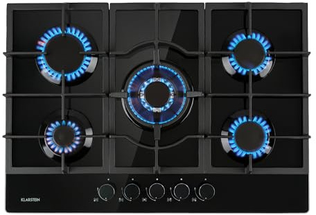 Klarstein Gas Cooker, 5 Burners Gas Hob, 11100W Built In Five Ring Electric Hob, Campervan Cooktops Cookers, Stainless Steel Glass Top Wok Burner, 5 Ring Kitchen Stoves LPG Cooker Burners Unit