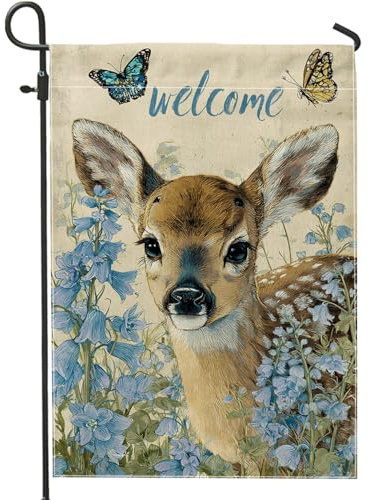Drapeau Bienvenue Au Printemps ! Campanules Bleues, Papillons, Cerfs Drapeau De Bienvenue Couleurs Resistant Exterieur Couleurs Vives Bannière, Pour Les Bureaux, Les Défilés, Balcon, 30x45cm