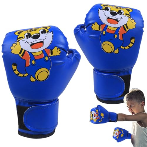 Ungdomsboxningsvantar - Läder Tecknat Mönster Blå Liten, Junior Stansutrustning, Kampsport Träningsutrustning, Heavy Duty Kickboxning Träningsskydd | Perfekt Sparringutrustning För Thai-barn