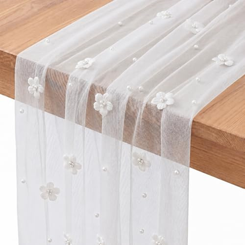 Runner Bianco 80 × 200 cm Runner Tavola Chiffon con Fiore Perline Centrino per Tavolo Tulle per Matrimonio, Addio al Nubilato, Compleanni, Feste