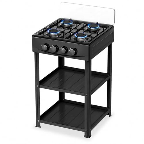 Fornello a Gas 4 Fuochi con Supporto e Ripiani – Cucina a Gas Freestanding in Acciaio, Piano Cottura con 4 Bruciatori, Design Salvaspazio per Interni ed Esterni (Nero)