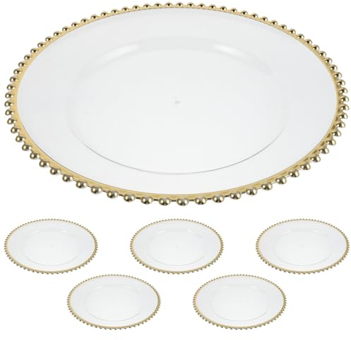 FESTFENDS 6pcs Round Gold Beaded Rim Charger Plates, Lightweight Ps+pet Decorative Dinner Plates, Resists Stains, for Birthday and Event Table Settings