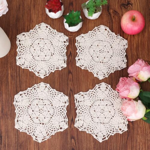 kilofly Crochet Cotton Lace Table Placemats Doilies Vase Pads, 4pc, Beige, 7 inch