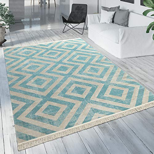 Paco Home Moderner Outdoor Teppich Geometrisches Rauten-Muster im Vintage-Look Flachgewebe Wetterfest & Pflegeleicht für Garten, Terrasse & Balkon, Blau Weiß, Grösse:160x220 cm