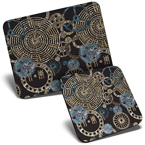 Mouse Mat & Coaster Set - Steampunk Gears Pattern Clockwork 23.5 x 19.6 cm & 9 x 9 cm for Computer & Laptop, Office, Gift, Non-slip Base #24259