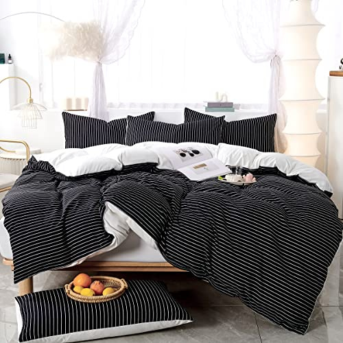 GETIYA Geometrische Bettwäsche 155x220 3Teilig Streifen Mädchen Damen Bettbezug Gestreift Muster Weich Microfaser Schwarz Weiß Wendebettwäsche Mit 2 Kissenbezug 80x80