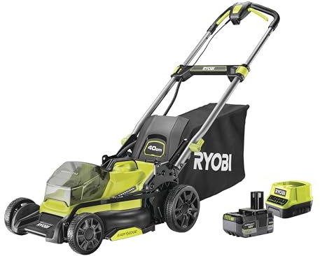 RYOBI 18 V ONE+ Brushless Cordless Lawnmower RY18LMX40C-150 (Cutting Width 40 cm, 7-Way Height Adjustment 25-75 mm, Surfaces up to 600 m², Variable Handle Rod Including Mulching Wedge, 1 x 5.0 Ah