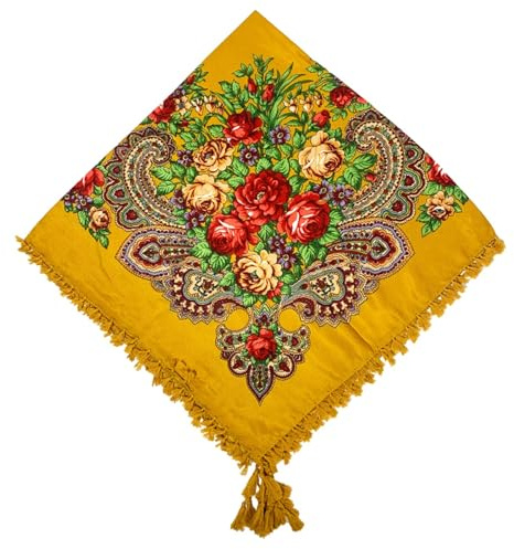 Bufanda cuadrada floral para mujer, pañuelo tradicional con flecos, pañuelo Babushka, bufandas para la cabeza, amarillo, Talla única