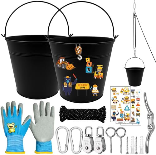 TZEKING Flaschenzug Kinder,Flaschenzug mit 2 Metalleimer,Riemenscheibe mit Eimerkabel,Zubehör fürs Baumhaus Spielturm,Riemenscheibensystem Spielturm Zubehör,Spielzeug für Kinder ab 3 Jahren