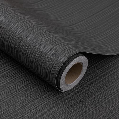 HyunHome Black Grasscloth Wallpaper Peel and Stick Fabric Linen Textured 24x394 Classic Faux Grassweave Upgraded Thick Self-Adhesive Neutral Contact Paper Vinyl Film Liner Roll for Home Use