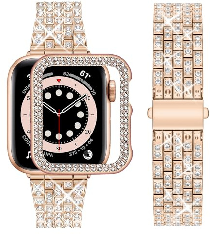wutwuk Bling Straps with Case for Apple Watch 46mm | Fits iWatch Bands Series 11 10 46mm, Stainless Steel Strap for Women Men, Rose Gold