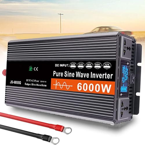 Dfdieratve Inverter di Potenza a Onda Sinusoidale Pura da 6000 W, Convertitore da DC 12 V/24 V/48 V/60 V a AC 110 V 220 V con 2 Prese AC, Inverter per Auto con Display LCD per Camion, Camper,60V
