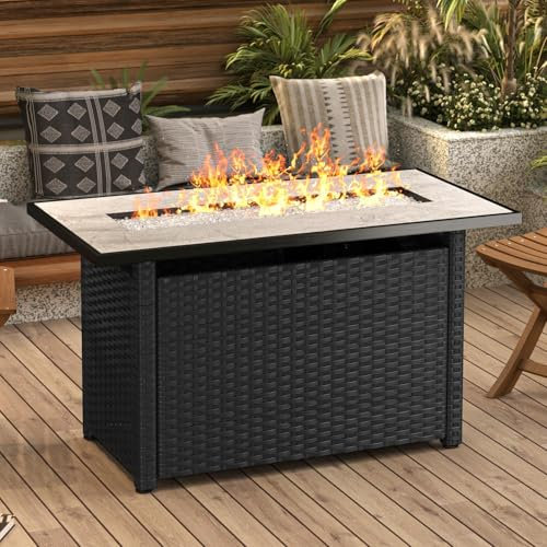 Gizoon 45 Gas Fire Pit Table, Propane Fire Pit with Glass Rocks, Waterproof Cover and Pe Rattan, Outdoor Patio Fire Pits for Backyard, Garden, Party