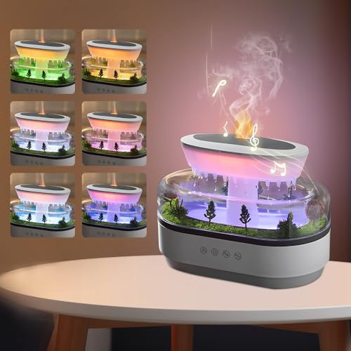 KUWUNG Diffuseur Huiles Essentielles Humidificateur, 250ml Diffuseur Huile Essentielle avec Veilleuse 7 Couleurs et Musique, Humidificateur dair Paysage Gouttes de Pluie pour Salon, Chambre, Yoga
