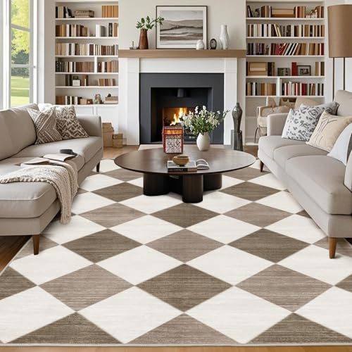 Chicnix Teppich Wohnzimmer 200x300, Großer Teppich Waschbar Kurzflor rutschfest, Moderner Kariert Muster Design Teppiche für Schlafzimmer Kinderzimmer Büro Esszimmer Dekor, Braun Beige Weiß