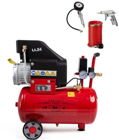 Compressore ad Aria Compressa 24 Litri 15000W 2HP Pressione Massima 8 Bar Doppio Manometro Lubrificato ad olio Compressore Aria Coassiale Portatile Carrellato Kit Accessori incluso