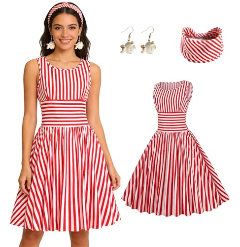 CEWIFO Disfraz de palomitas de maíz para mujer, 3 piezas, disfraz de carnaval, a rayas, vestido de carnaval, años 50, retro, rojos y blancos, falda plisada, pendientes de diadema, circo, cosplay