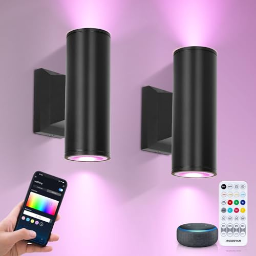 Aigostar Aplique Pared Exterior LED Inteligente Bluetooth Mesh, Foco Exterior RGB + CCT Regulable, 9.8W 840LM IP65 Impermeable Aluminio con Mando para Jardín y Terraza, Pack de 2