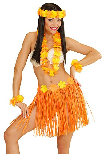 NET TOYS Hawaii Set orange Damen Aloha Kostüm Hawaiirock Armband Bastrock Halskette Kopfschmuck Blumenkette Hularock Schmuck Bast Rock Hawaiikette