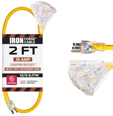 Iron Forge Cable 2 Foot Lighted Outdoor Extension Cord with 3 Outlets - 12/3 SJTW Heavy Duty Yellow Extension Cable 3 Prong - Multiple Outlets