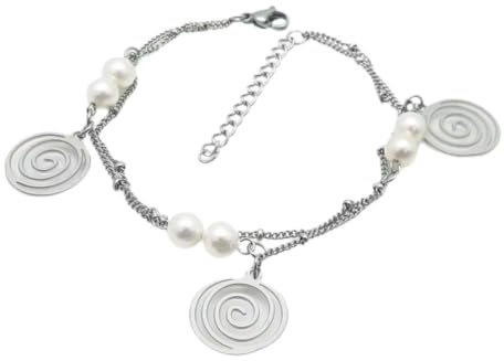 Bungsa Damen Bettelarmband Spiralen und Perlen Silber aus 316L Edelstahl