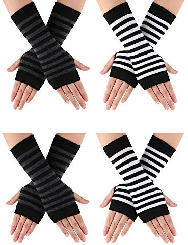 SATINIOR 4 Pairs Stripe Fingerless Gloves for Women Wrist Warmers Black and white Striped Arm Warmers Unisex Knit Mitten Gloves with Finger Holes Typing for men