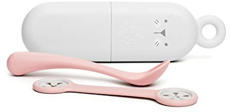 Suavinex, Set Löffel + Löffelhalter + Lätzchenhalter, für unterwegs. Für Babys. Spülmaschinenfest. +4 Monate, Farbe Rosé