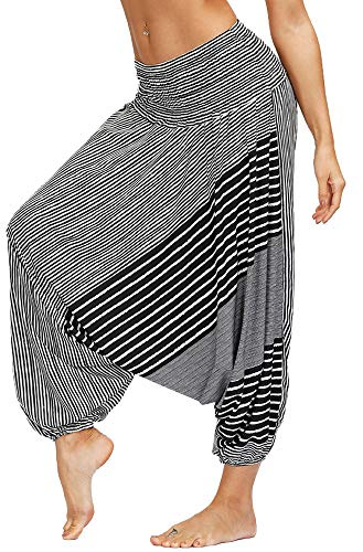 Nuofengkudu Mujer Pantalones Hippies Ligeros Cintura Alta Yoga Casual Fiesta Verano(W-Negro C)